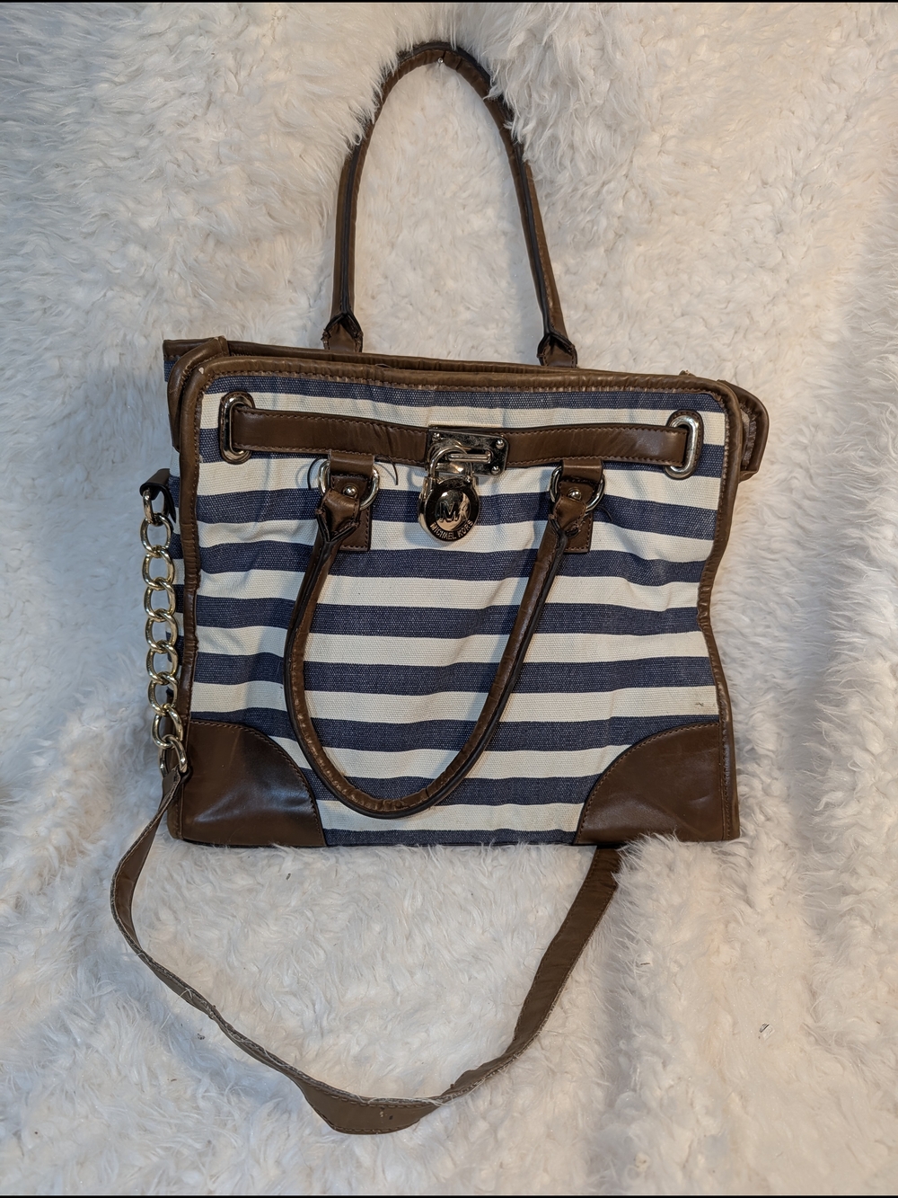 Michael Kors Striped Canvas Tote with Brown Leather Trim - Classic Women's Bag